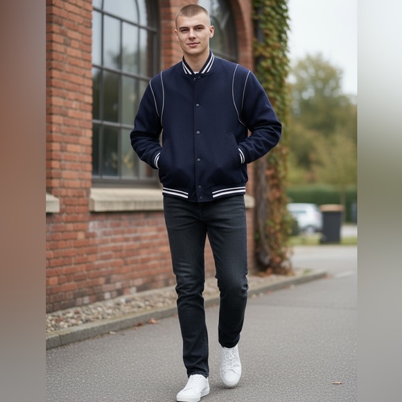 Zara Varsity Wool Bomber Jacket Dark Navy Size L - Picture 2 of 15